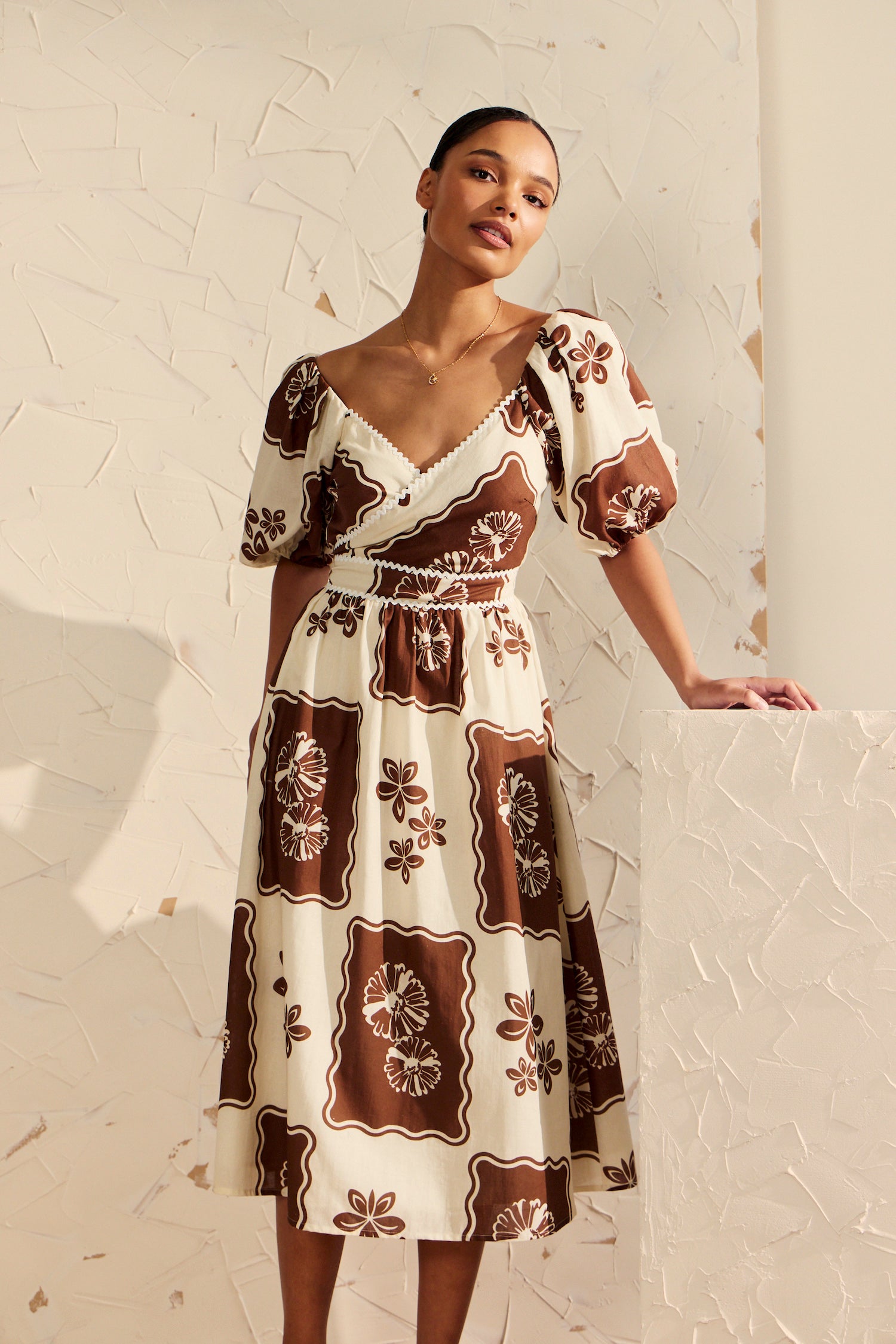 Noella Puff-Sleeved Pattern Maxi Dress