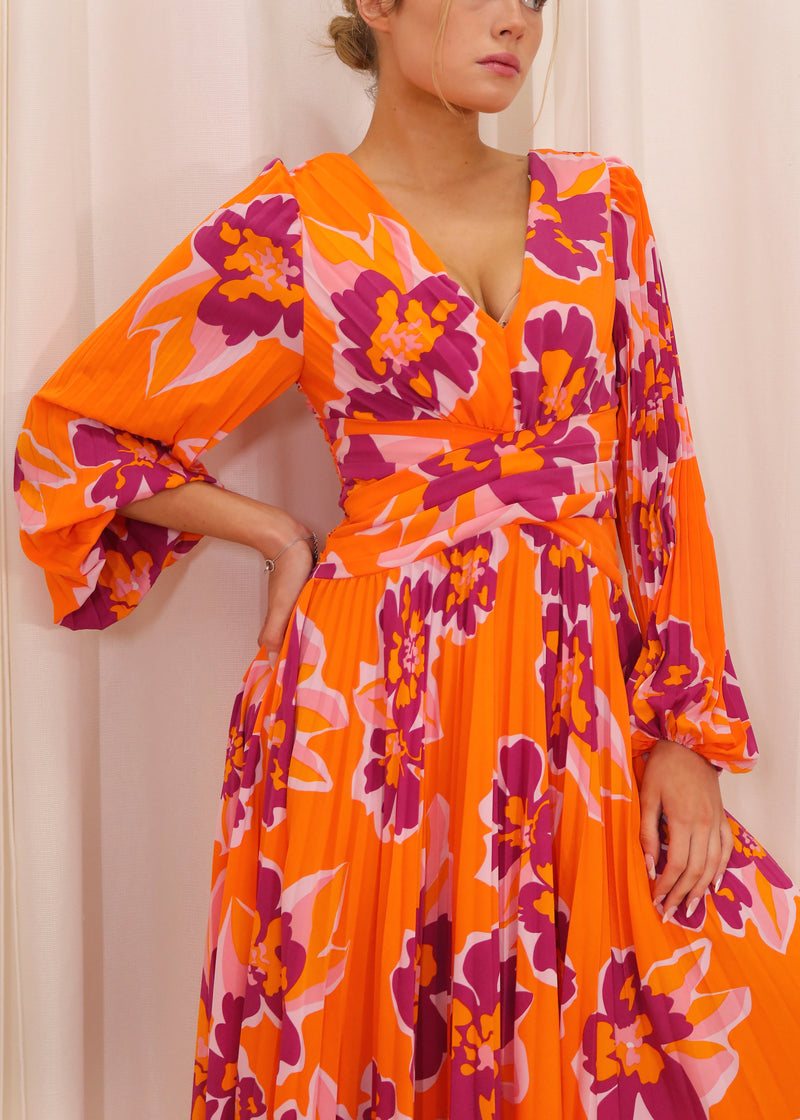 Pleated Midi Dress - Orange Floral