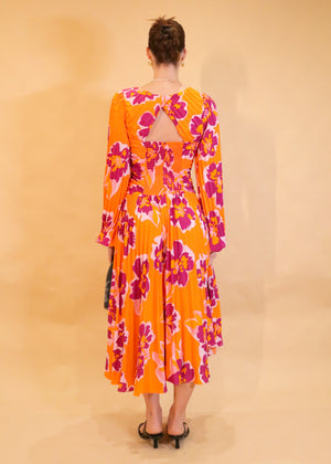 Pleated Midi Dress - Orange Floral