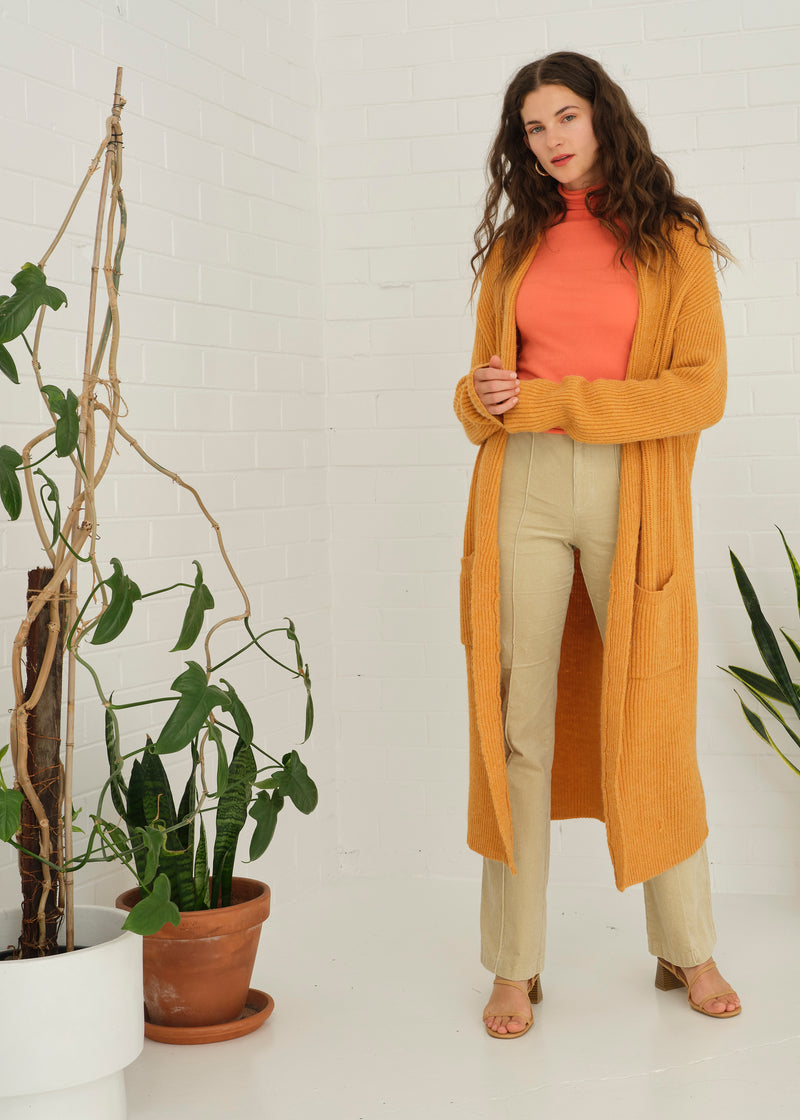 Women's Longline Australian Cotton Knit Cardigan in Mustard 