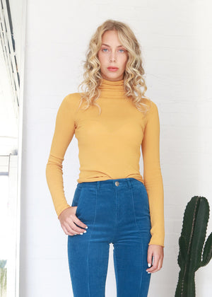 Women ultra-fine cotton turtleneck top/skivvies -Mustard
