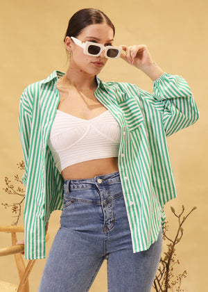 Mia Women’s French Striped Shirt - GREEN, 100% Cotton