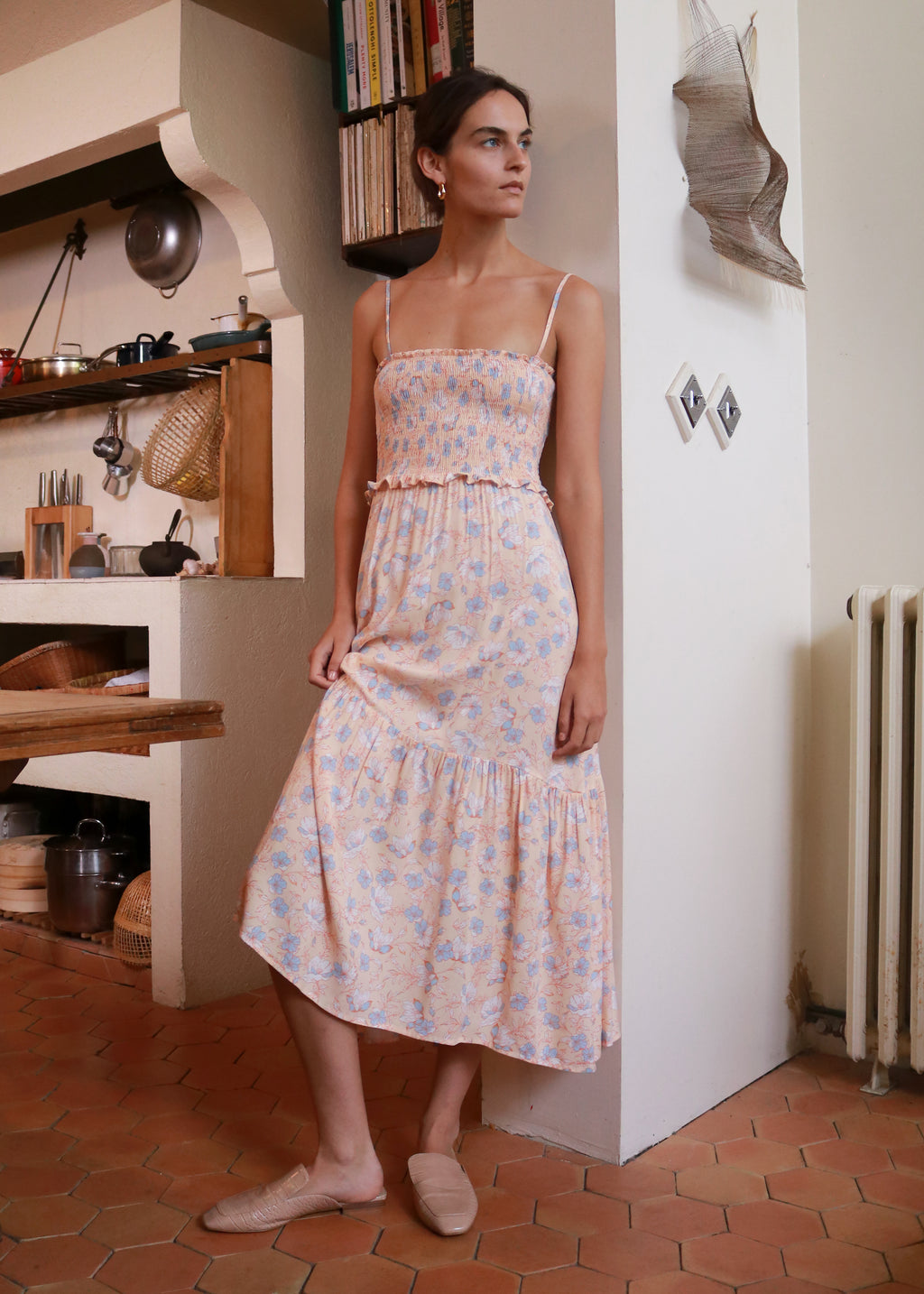 Ashley Ruched Midi Dress - Apricot Floral