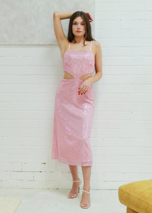 Gabby Sequin Cut out NYE maxi dress in Pink