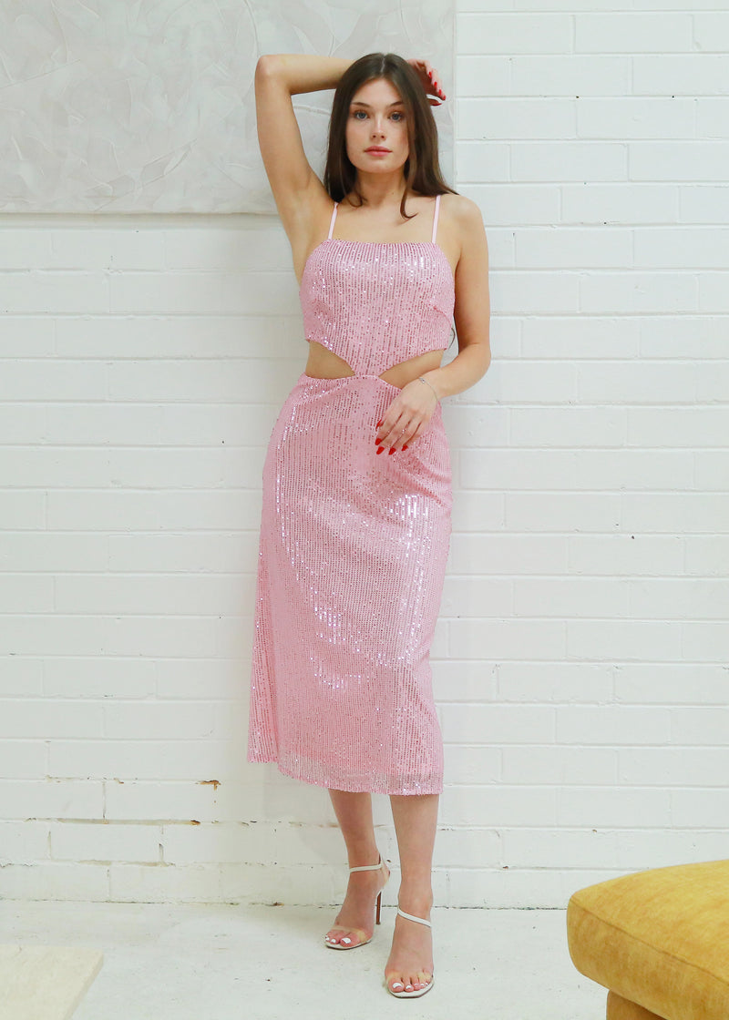 Gabby Sequin Cut out NYE maxi dress in Pink