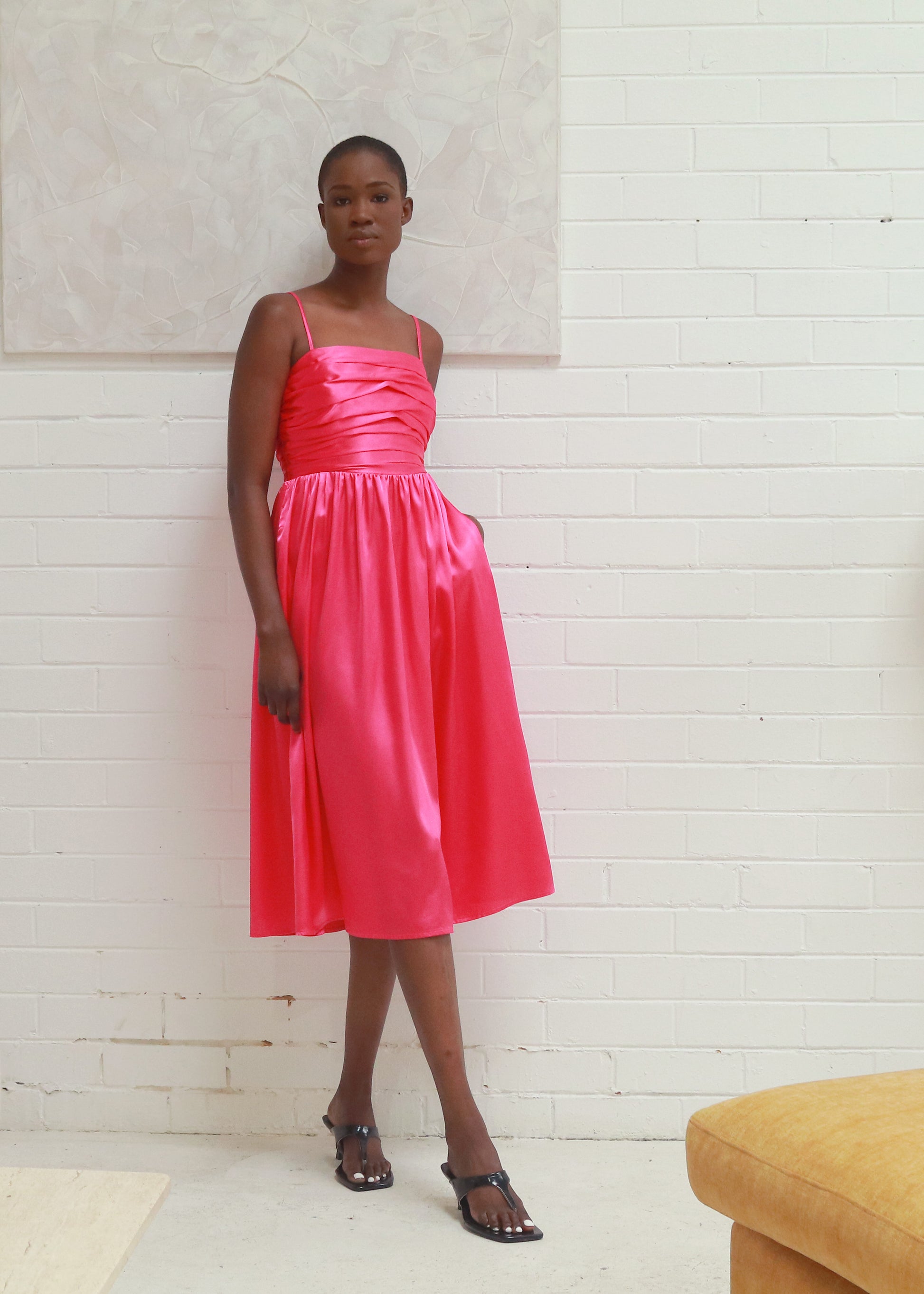 Pleating Satin Midi Dress - HOT PINK Proxy Urban Pleating Satin Midi Dress - HOT PINK Proxy Urban
