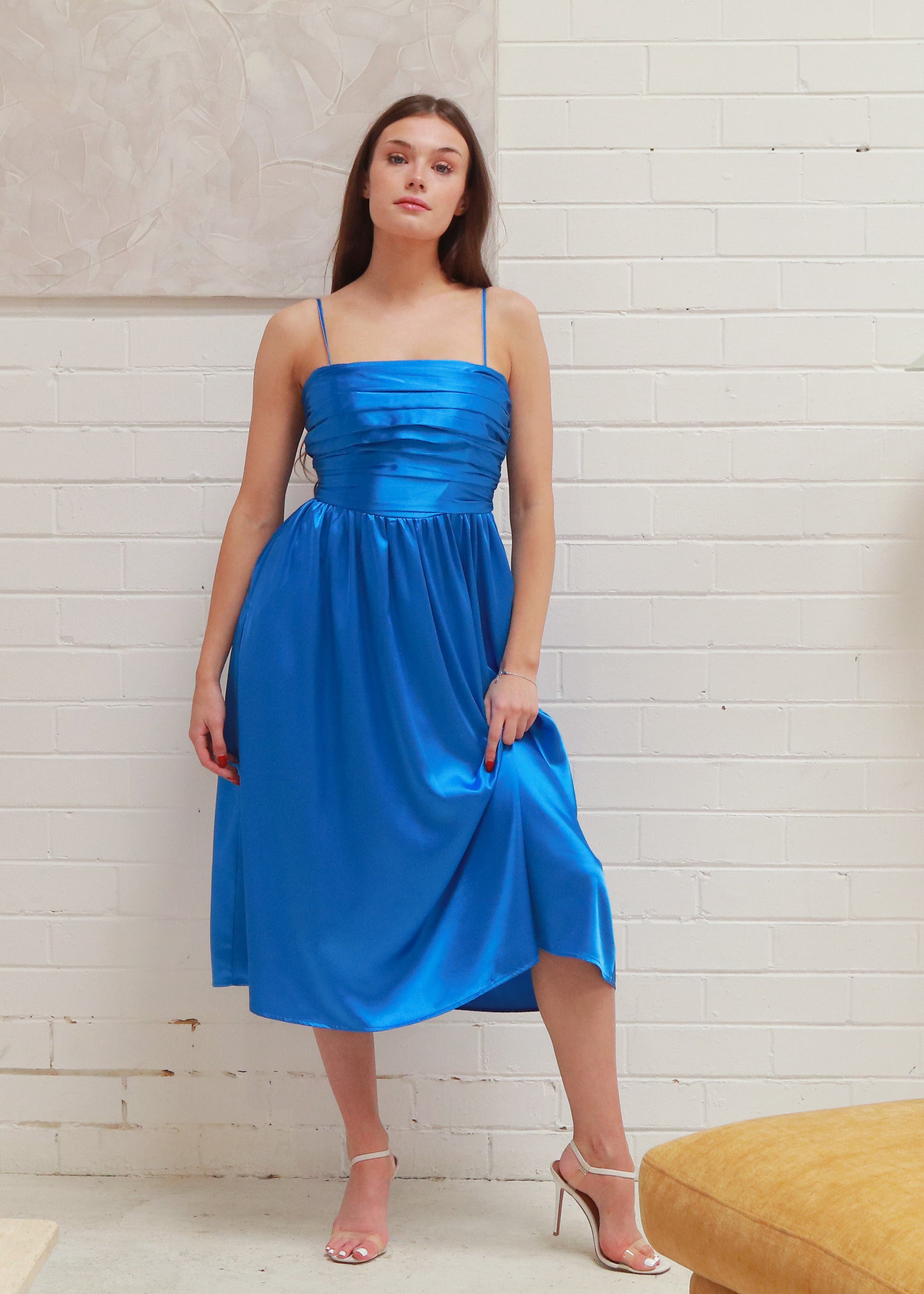 Gaston Women's Pleating Satin Midi Dress - Royal Blue Proxy Urban Gaston Women's Pleating Satin Midi Dress - Royal Blue Proxy Urban