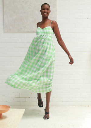 Enzo Natural Cheesecloth Cotton Midi Dress - Green Gingham  