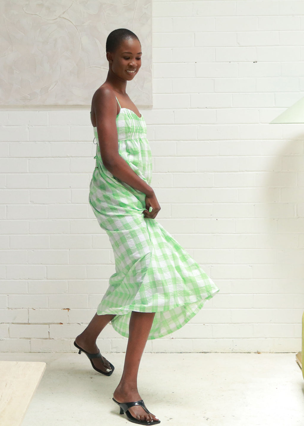 Enzo Natural Cheesecloth Cotton Midi Dress - Green Gingham  