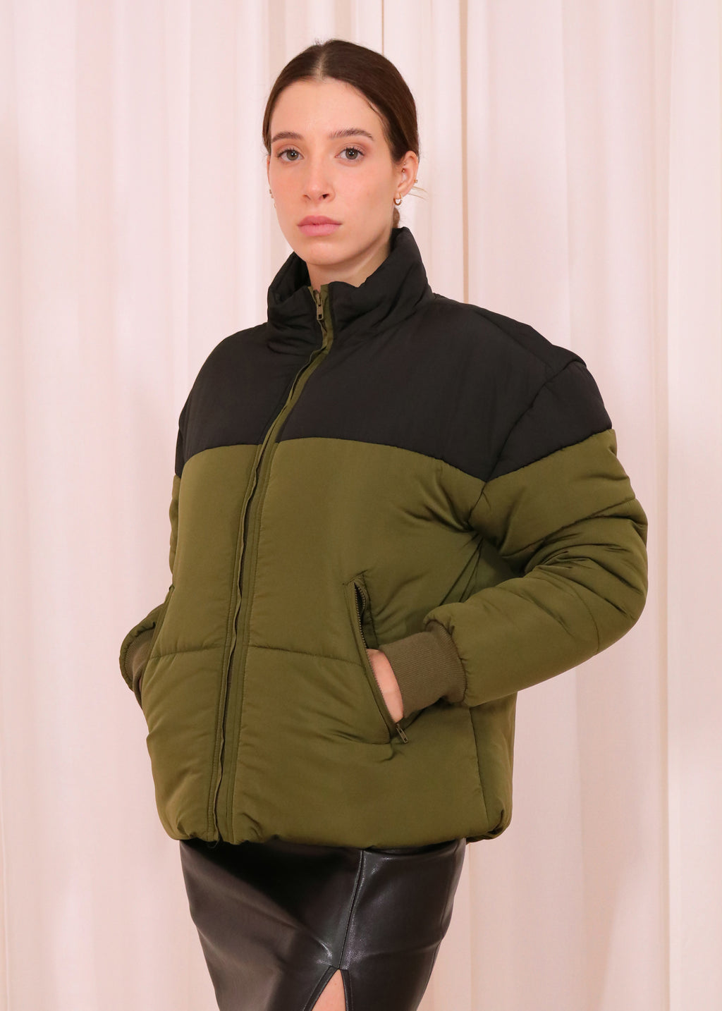 Women’s Ultra Light Stand Up Collar Puffer Jacket - Khaki & Black Colourblock