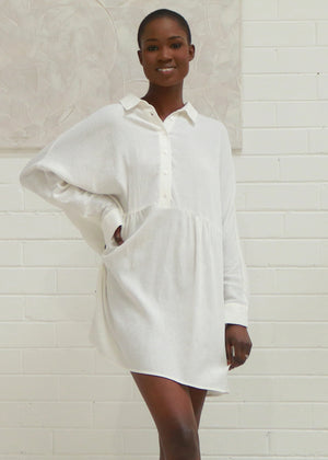 Winston Long sleeve collared  shirt dress - White ,100% Cotton