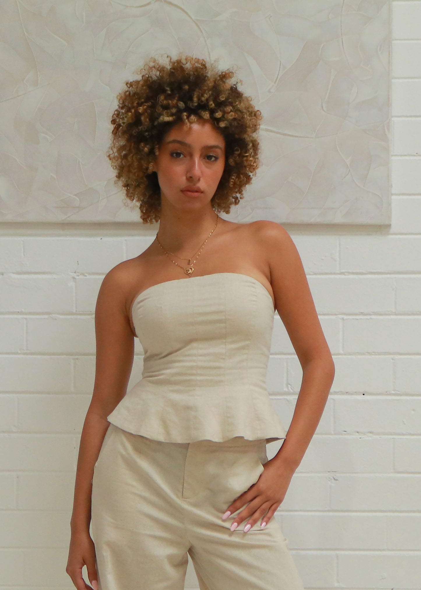 LINEN SET IN BEIGE -  Strapless Top