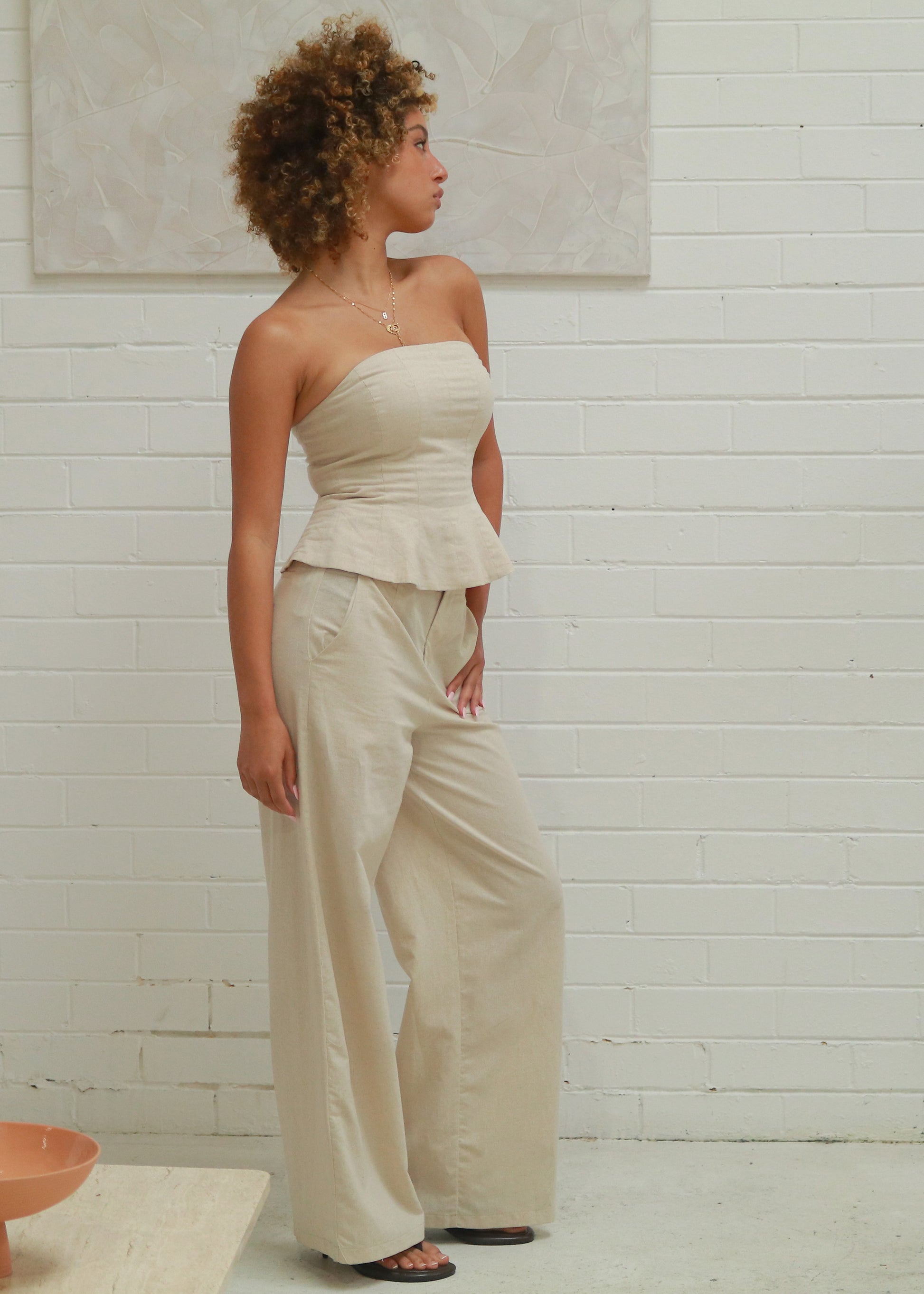 LINEN SET IN BEIGE -  Strapless Top