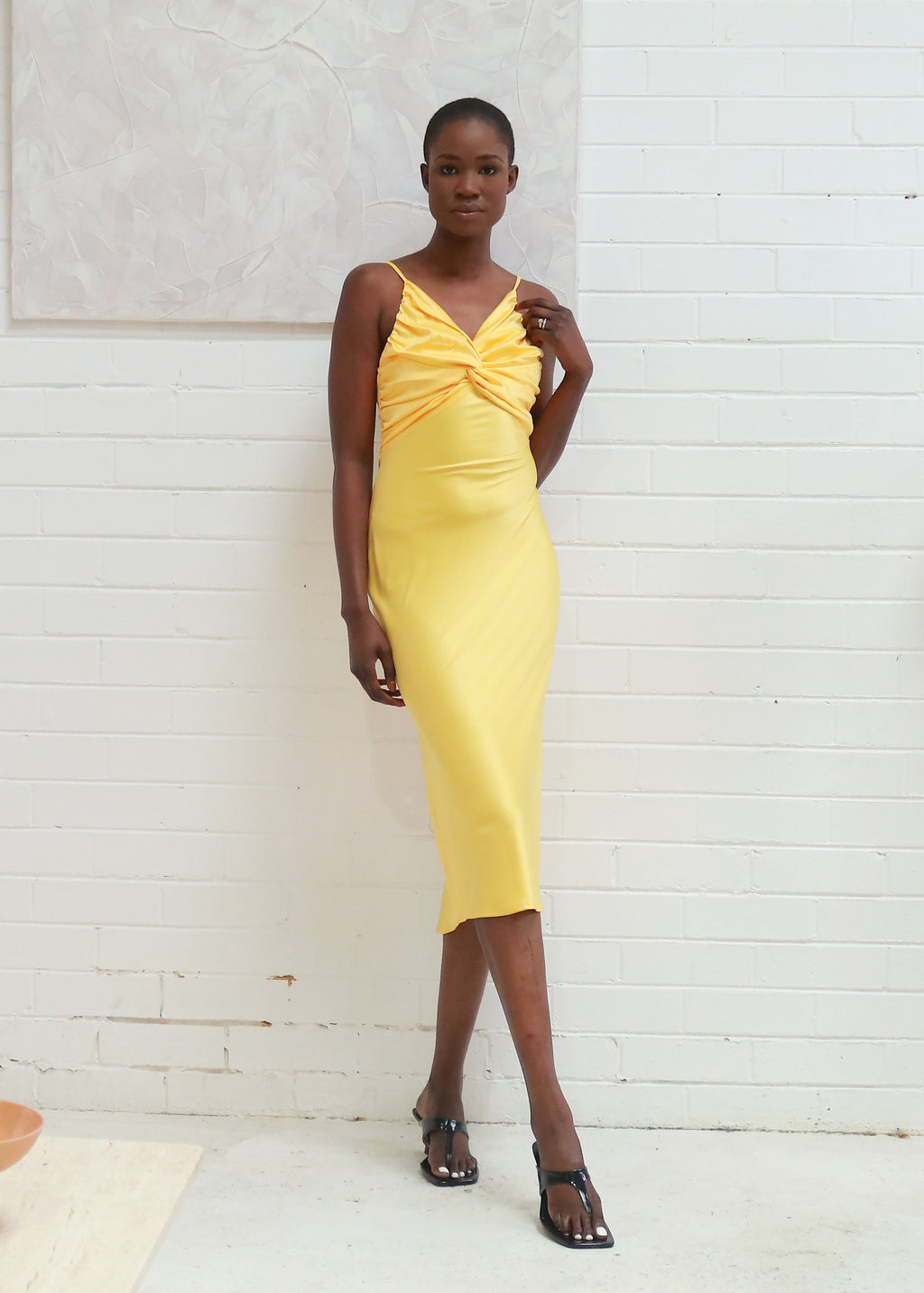 Daped Satin Midi Dress - Yellow