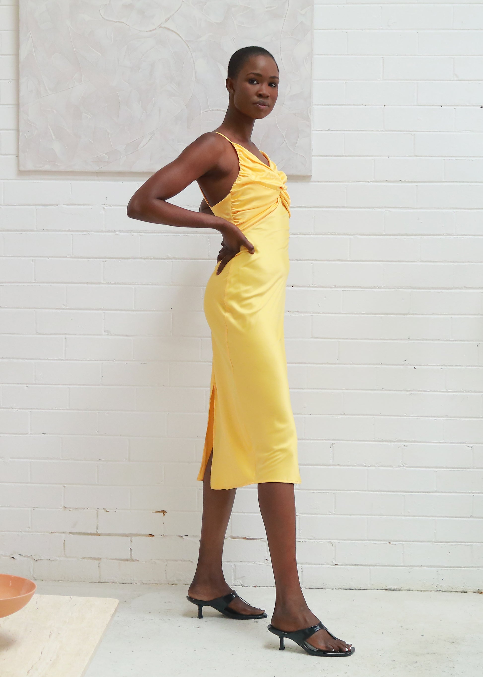 Daped Satin Midi Dress - Yellow