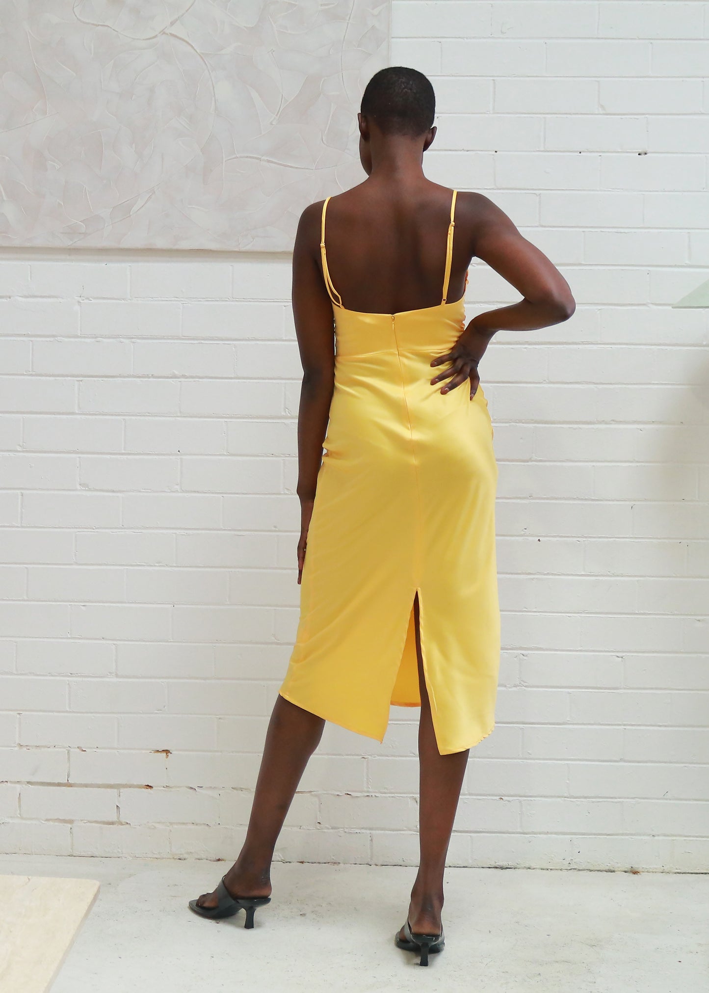 Daped Satin Midi Dress - Yellow