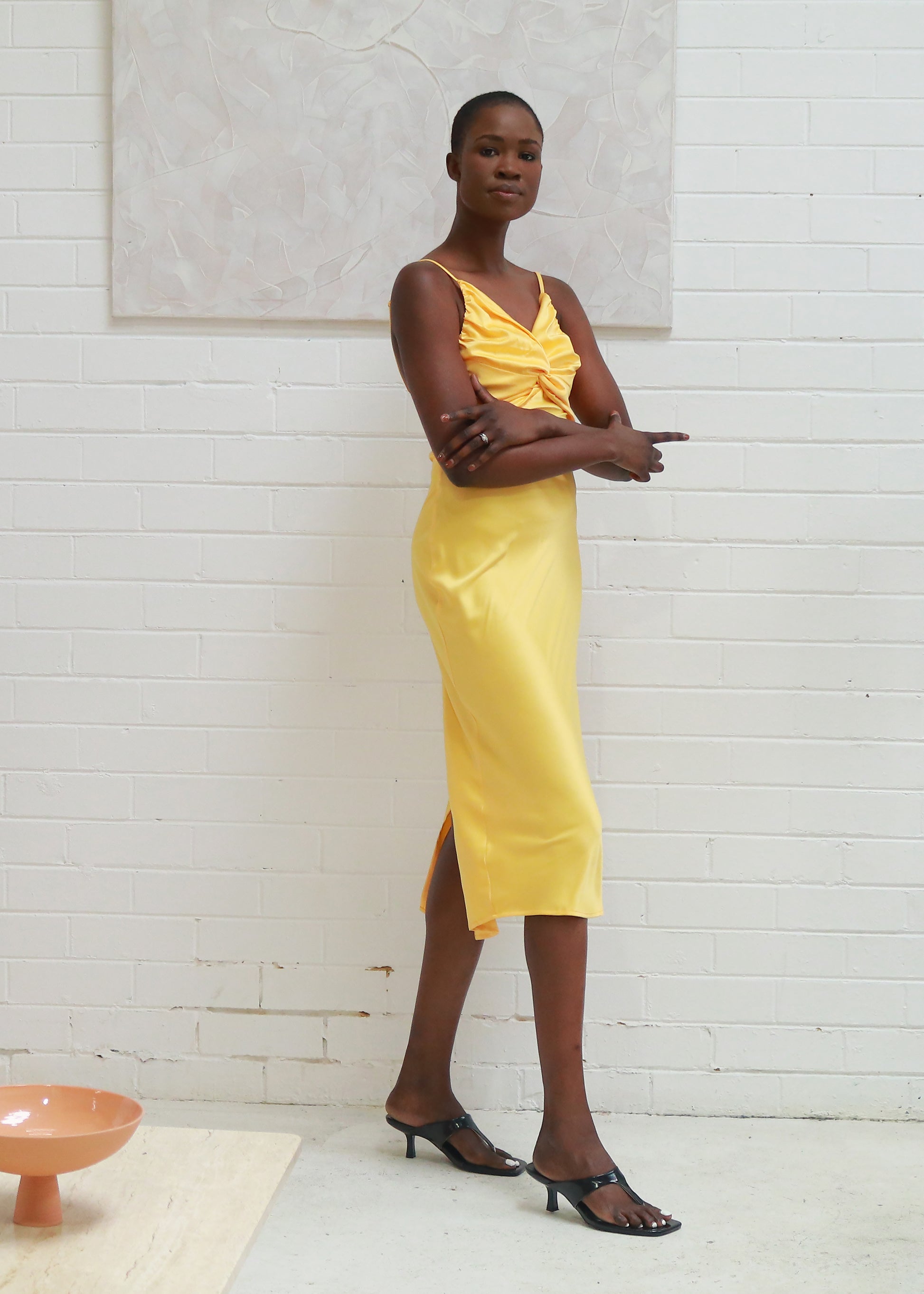 satin midi dress yellow Naomi Satin Strapless Midi Dress