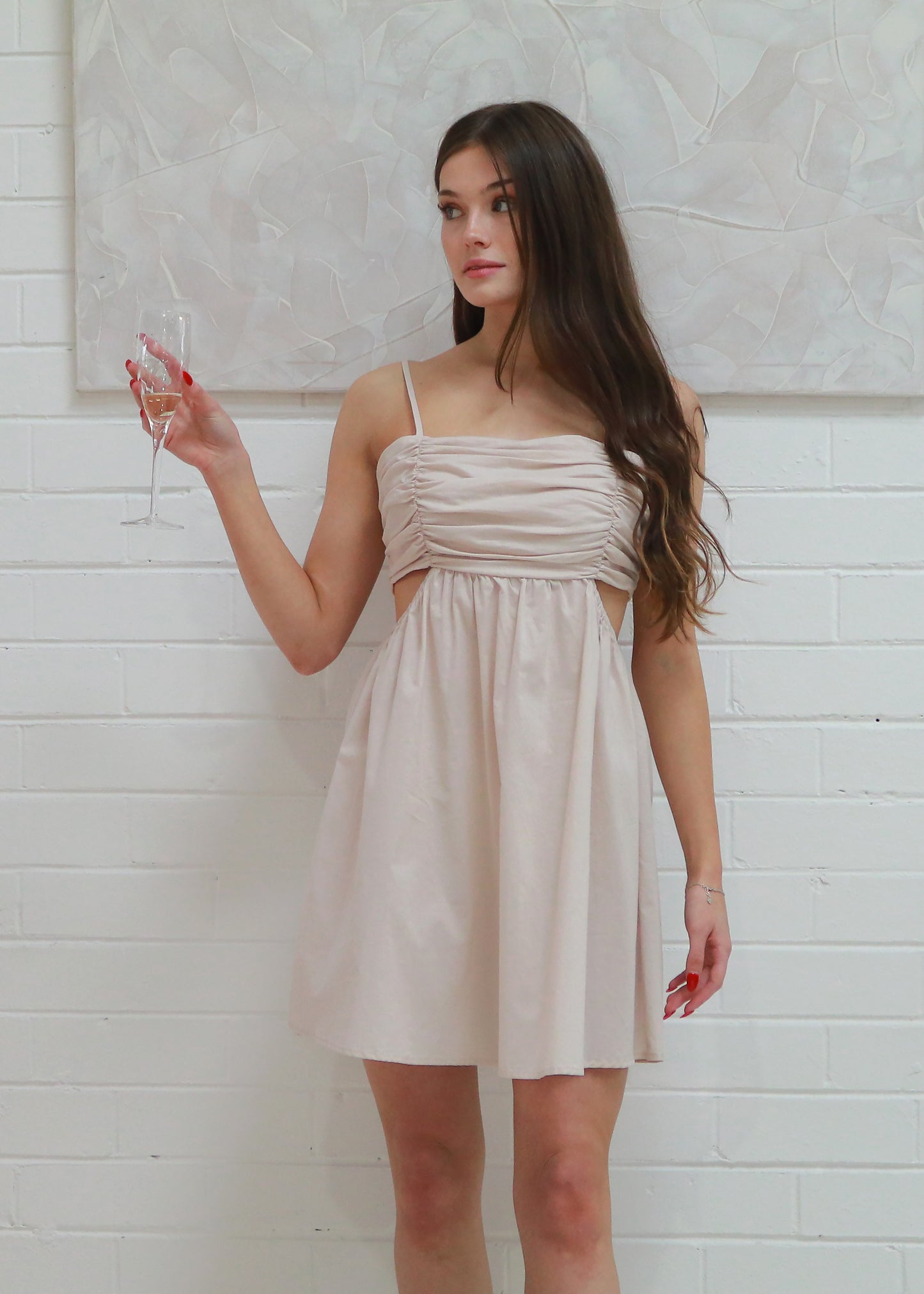 Frankie Cut Out Mini Dress - Beige, 100% COTTON Proxy Urban Frankie Cut Out Mini Dress - Beige, 100% COTTON Proxy Urban