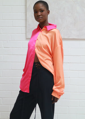 Colour Block Oversized Relaxed Satin Shirt - Orange / Pink
