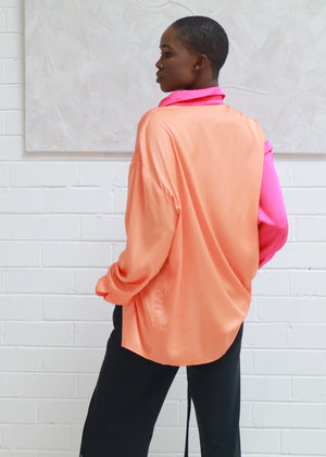 Colour Block Oversized Relaxed Satin Shirt - Orange / Pink