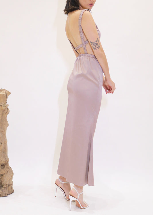 Luna Midi Satin Cut Out Back Dress - Taupe