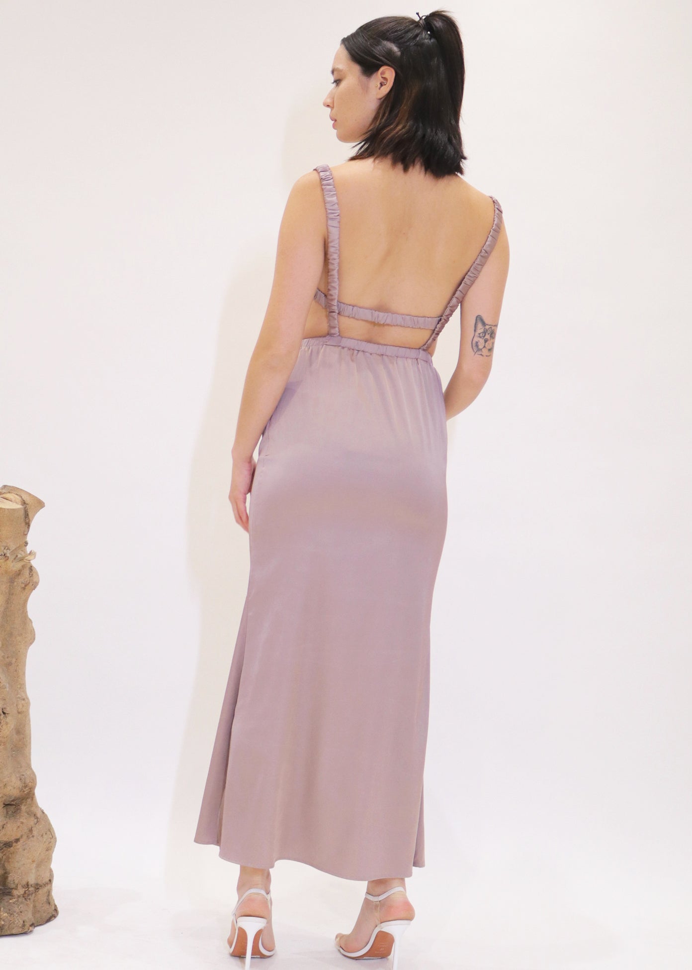 Luna Midi Satin Cut Out Back Dress - Taupe