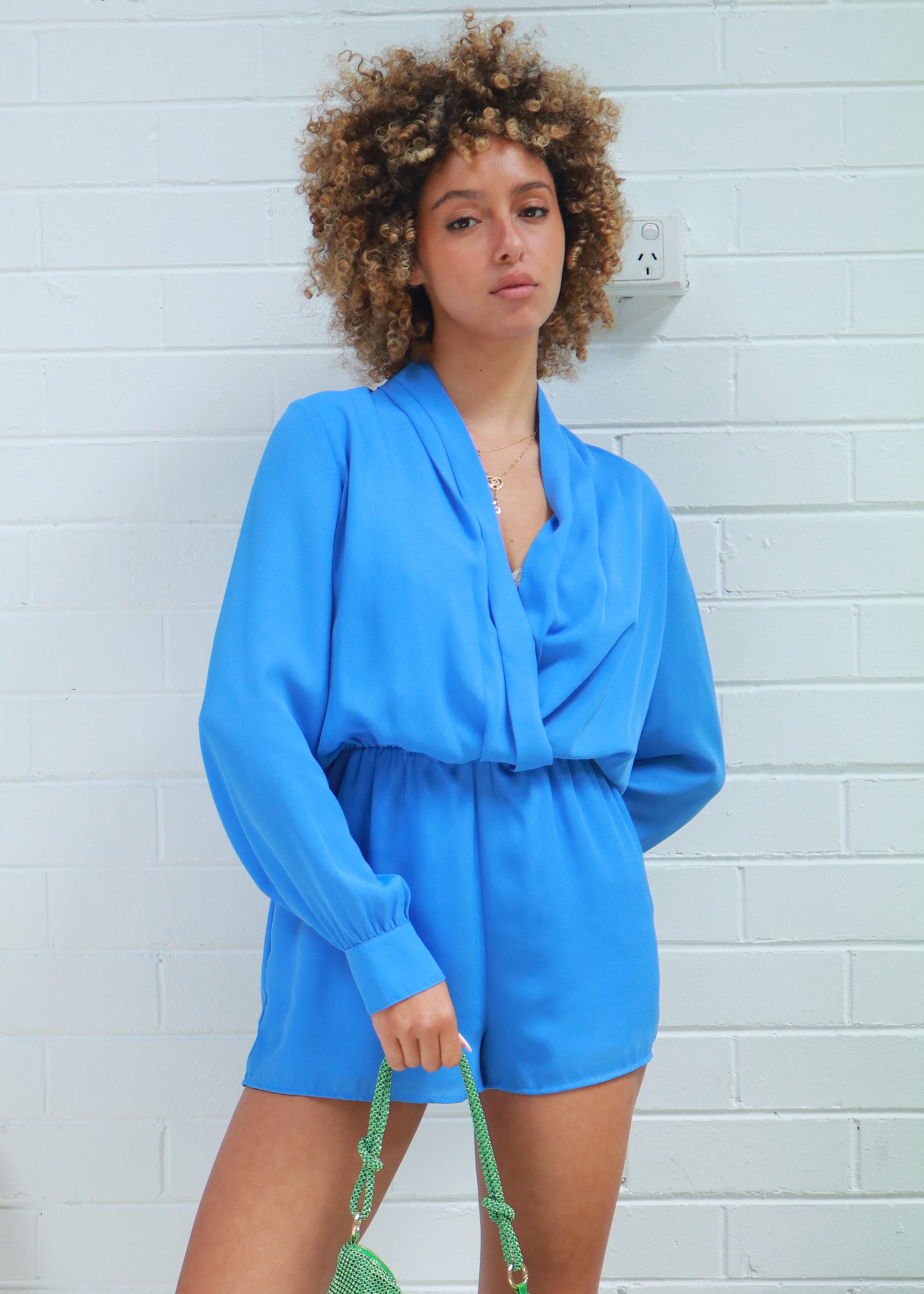 Hart Wrap Neckline Satin Playsuit -Blue